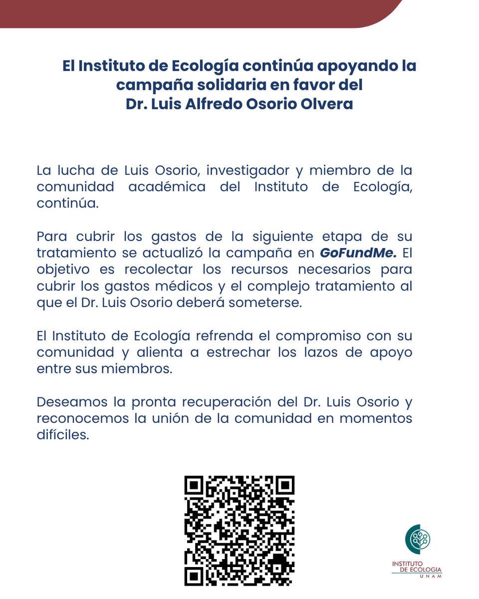 IEcologiaUNAM's tweet photo. Continúa la campaña solidaria en favor del Dr. Luis Alfredo Osorio Olvera, investigador y miembro de la comunidad académica vinculada al Instituto de Ecología.

🔗 https://t.co/q1ApyCMtnK https://t.co/JJsxy6t7k4