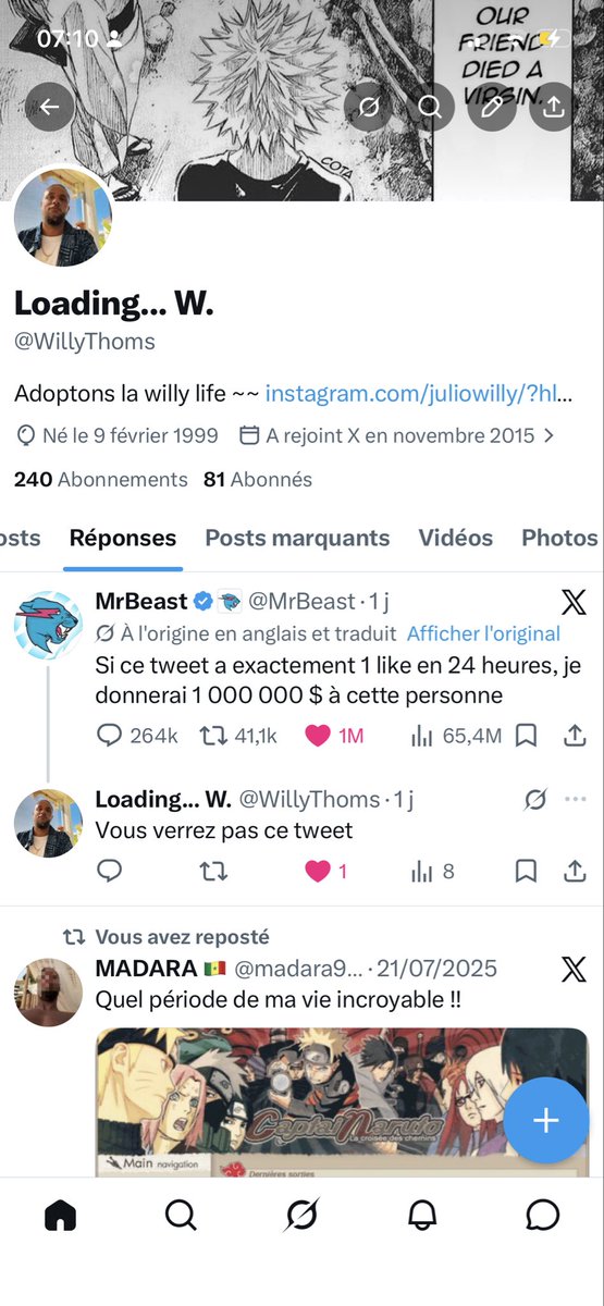 WillyThoms's tweet photo. @MrBeast Exactement 24h, 1 j’aime je crois que c’est bon https://t.co/GHFP40GjWS