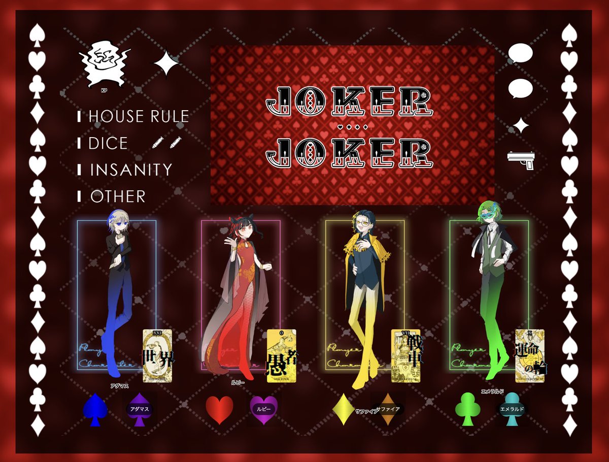 Trpg_doukoukai's tweet photo. CoC6版 『JOKER≒JOKER』
KP:5Gなのず
PL:いぬ,だー,ハチロク,モグ(HO順)

「あー、たのしかった！」
「ほんとバカばっかアル」
「完璧で優秀な怪盗団だ！」
「楽しかったのかもな、俺も」

出目が大暴れした怪盗団『Trin4C』でした！！　ありがとうございました！！ https://t.co/LHzSWFiG1o