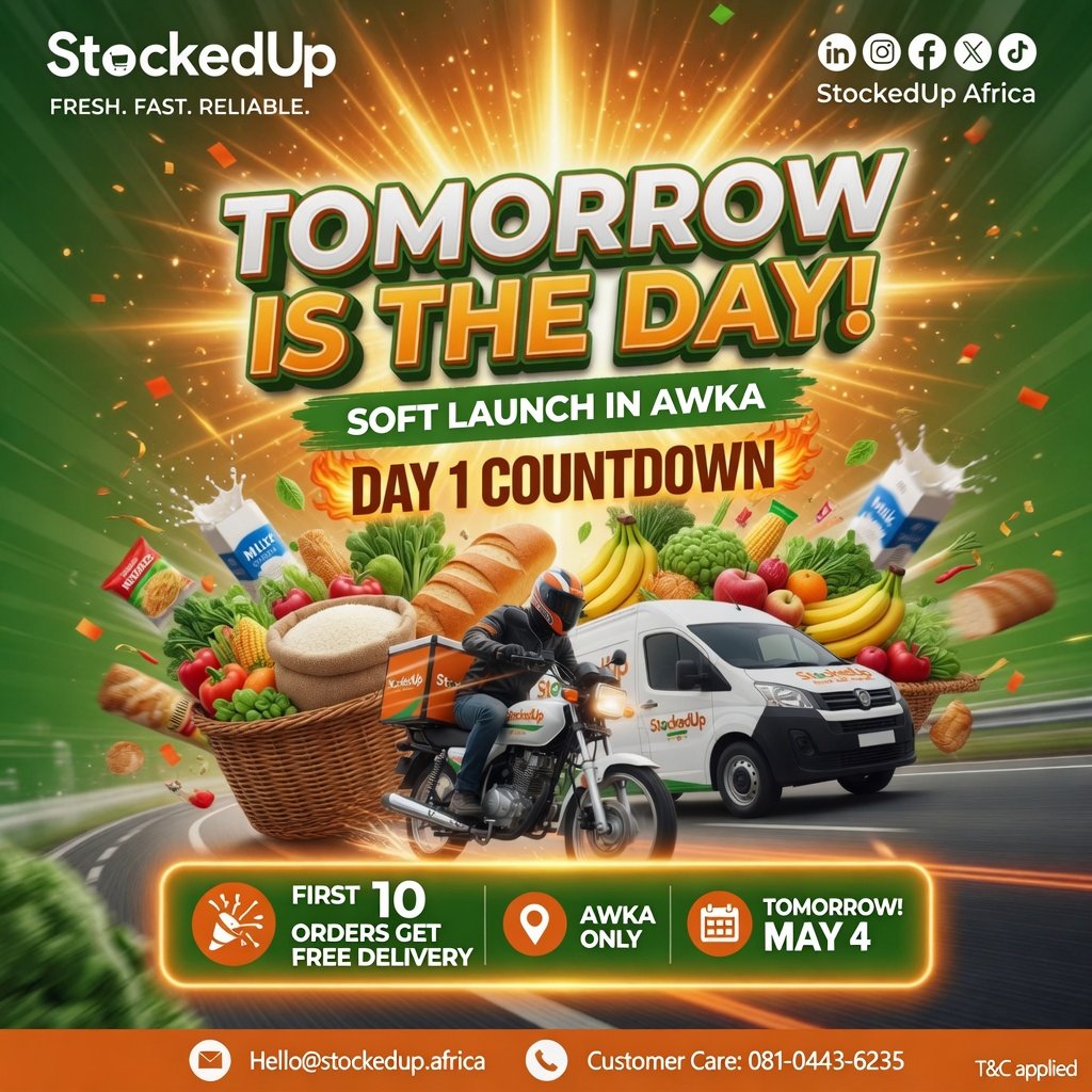 stockedupafrica's tweet image. Tomorrow is the day 👀🔥

StockedUp goes live.

Foodstuff → few clicks → doorstep delivery 📦

Are you ready? ⏳

#stockedup #fooddeliveryawka #groceryshopping #awkafoodvendor