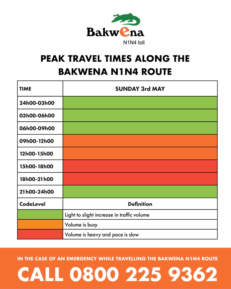 BakwenaN1N4's tweet image. We are expecting busy conditions along the Bakwena N1N4 route today as many travellers make their way home after the long weekend. Please be mindful of peak travel times and plan your journey accordingly. Safe travels!
#LongWeekend #DriveSafe #TravelSmart #BakwenaN1N4