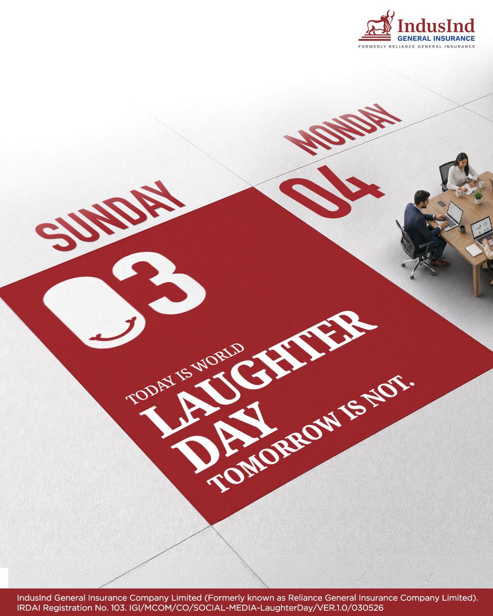 IndusIndGenIn's tweet photo. The world literally declared today a day to laugh and a Monday tomorrow๐ฎโ๐จ
Visit us: https://t.co/pxJ79cztaF
#IndusIndGeneralInsurance #WorldLaughterDay #LaughOutLoud #ForwardTogether https://t.co/cMh3G0Mlfw