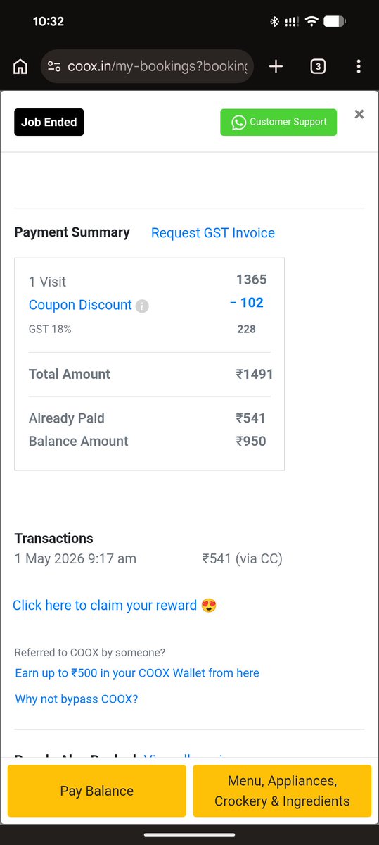 Nikky26991's tweet photo. @cooxonline  @akshatgupta1990 @shek_y11 

Booked a cook via Coox app. Initial charge ₹901, paid 60% advance as asked. Balance showed ₹360. After service, bill suddenly jumped to ₹1491 and I’m being asked to pay ₹950! Completely unacceptable.
Avoid their service. https://t.co/uEEvF8Ksw7