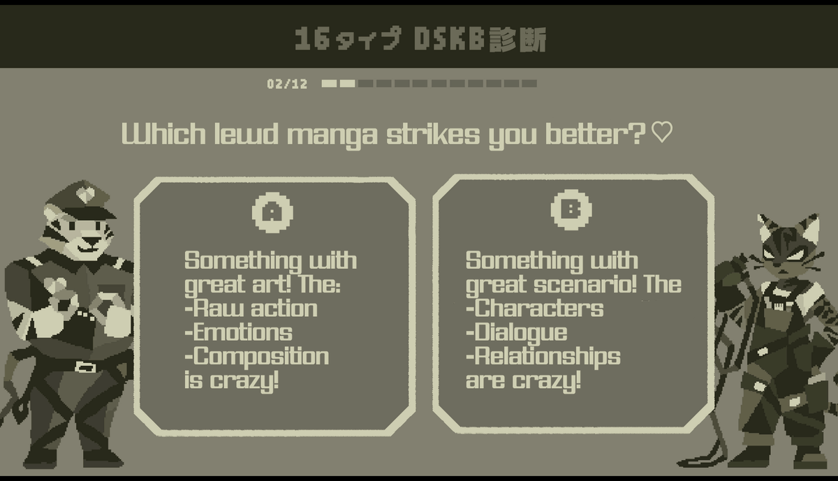 vtange's tweet photo. Unofficial English translation of ALL 12 questions and 16 possible results. Starting with questions 1-4.

You can play the game with the link in the quoted post. I am not affiliated with the developer in any way. https://t.co/wJyu7YZjrO