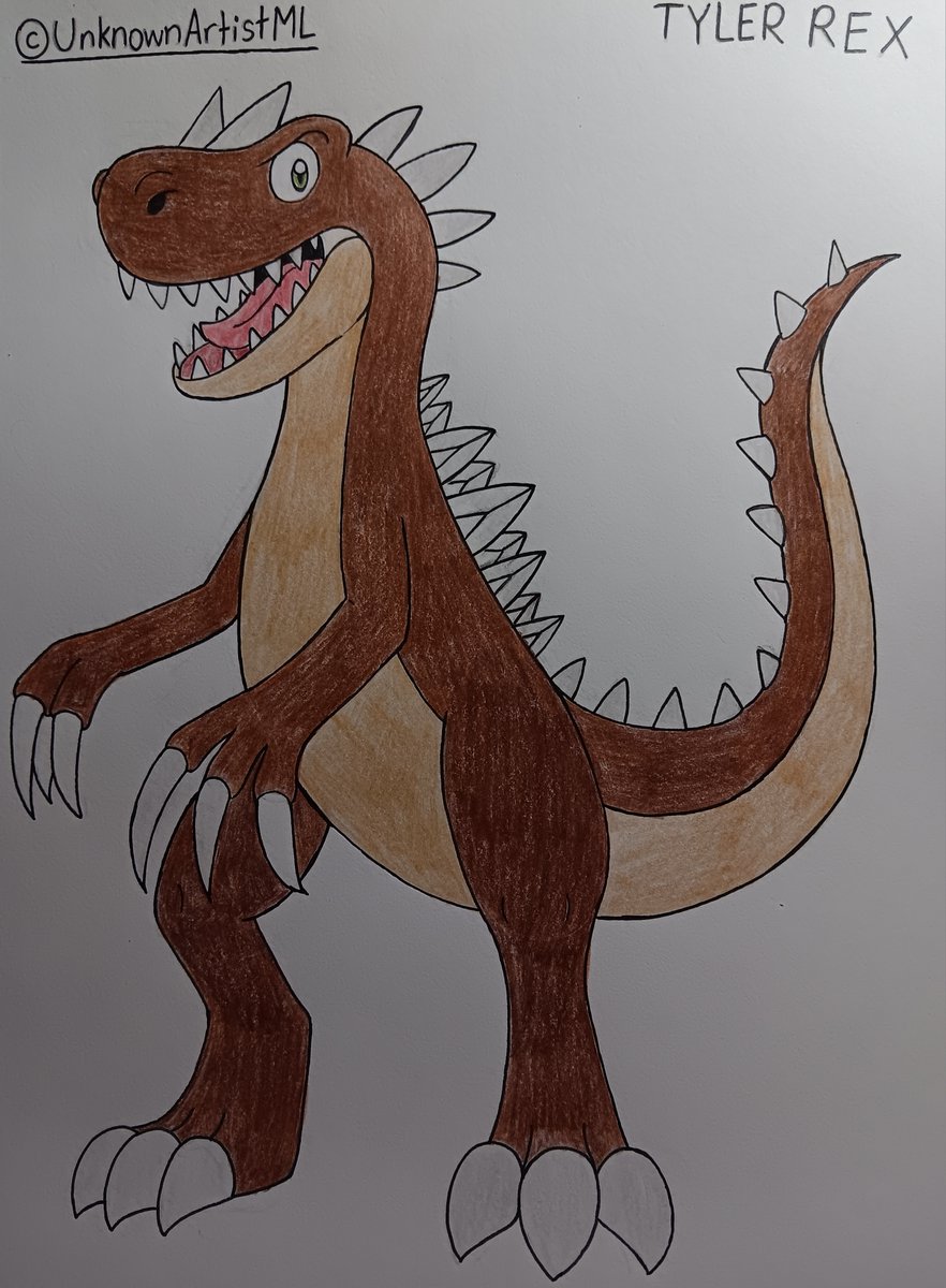 UnknownArtistML's tweet image. NEW OC: Tyler Rex

A genetically modified dinosaur with enhanced strength, speed &amp;amp; intelligence. It also has a vicious temperament and will attack anything it moves.

P.S. This OC was suggested by @JJSponge120.

[#UnknownArtistML | #Dinosaur | #OC | #TraditionalArt]