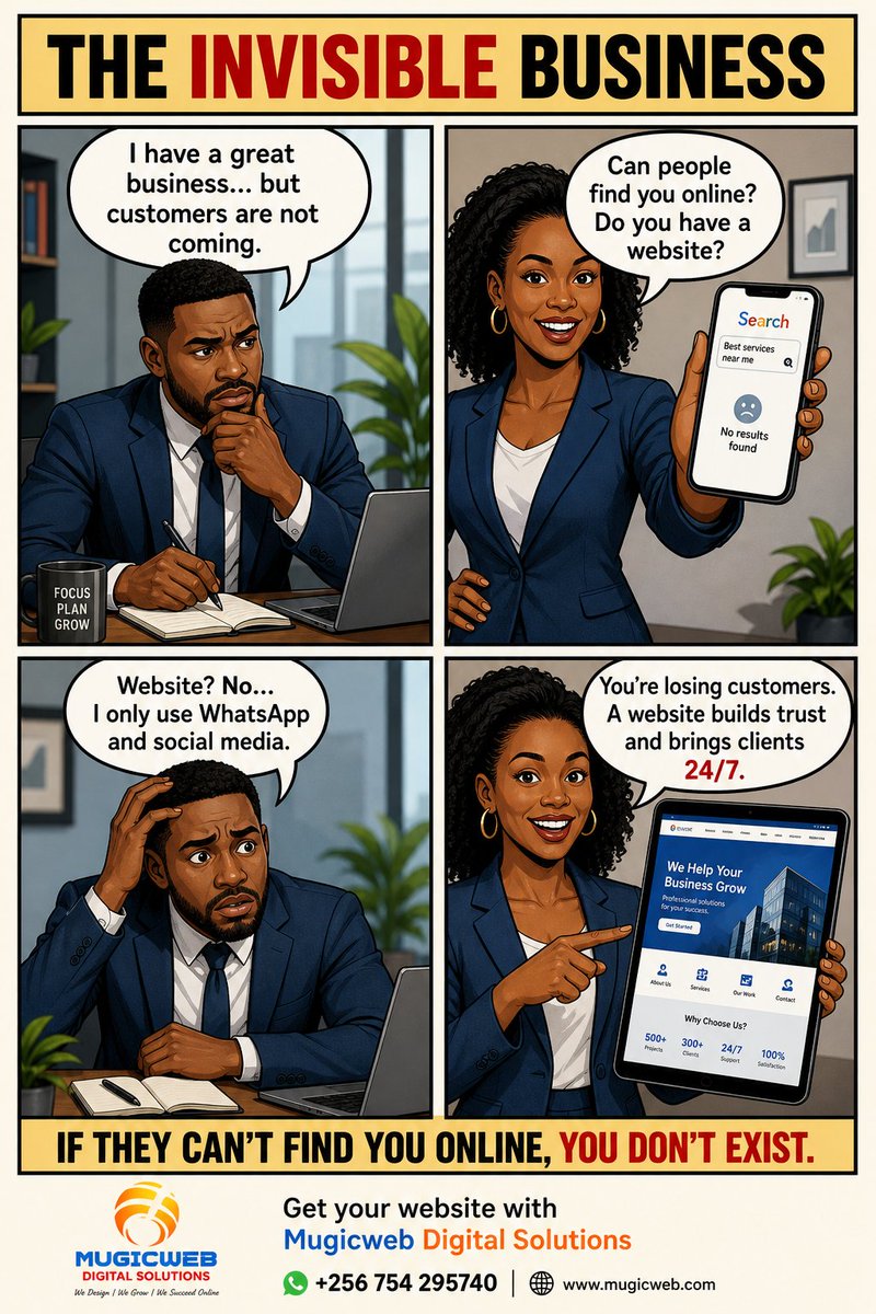 Mugicweb's tweet photo. If customers can’t find your business online… do you even exist? 🤔
A professional website works for you 24/7 — bringing in customers, building credibility, and growing your brand. 🚀
Don’t stay invisible.
📲 Send us a message today and let’s get your business online. https://t.co/mGvjAQleQC
