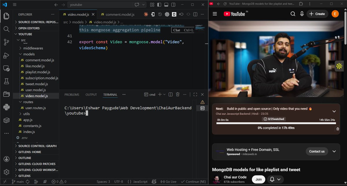 PaygudeEshwar's tweet image. Day 23: MongoDB Models 🚀
Continuing the backend journey with @Hiteshdotcom  sir and @ChaiCodeHQ . Today, I built models for: 
✅ Like, Comment (with pagination) 
✅ Playlist arrays 
✅ Tweet schemas 
✅ Refined Logout logic with $unset
#ChaiAurBackend #JavaScript #WebDev #Coding