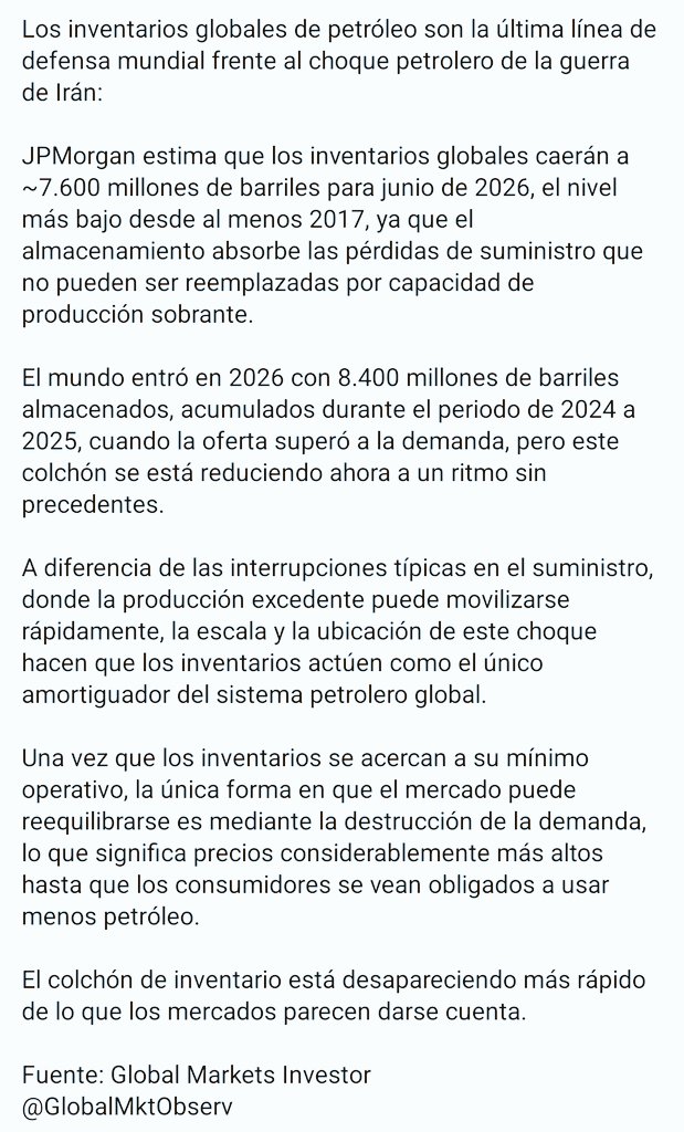 robertojirusta's tweet image. #INVENTARIOS #OIL

ALMACENAMIENTO 12.2025 🗓️📅
8400 millones de barriles 🛢️💰

JUNIO 2026 🗓️📅
Caerián a 7600 millones 📉💸

#demanda #precios