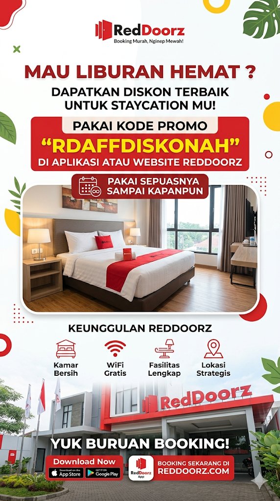 AdzhaCo's tweet image. Staycation makin hemat pakai kode promo RDAFFDISKONAH di aplikasi RedDoorz! 🏨✨
Nikmati tambahan diskon yang bisa kamu pakai berkali-kali sampai puas. Cus, booking hotel buat liburan nanti! 💸
#RedDoorz #Jakarta #Bandung #Surabaya #Jogja #Bali #Medan #Semarang