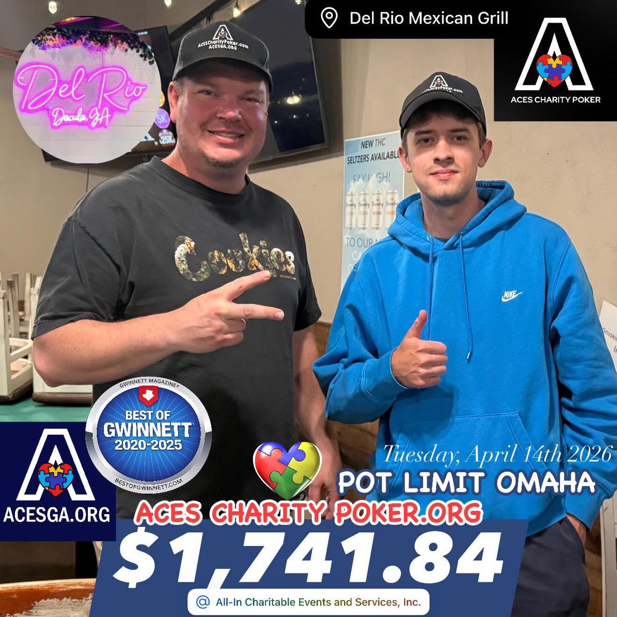 Acesofga's tweet image. Congratulations Chase for winning the ACEScharitypoker.org tournament on Tues., April 14th.  ACESGA.ORG is a 501(c)3 nonprofit dedicated to providing meaningful opportunities for autistic adults to maximize their potential! #AutismAwareness