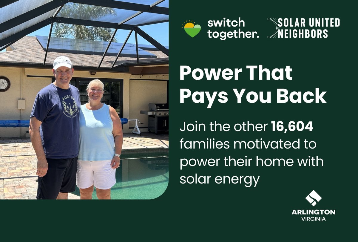 ArlingtonDES's tweet photo. Switch Together, a group-buying program working with the County, has empowered over 16,604 homes toward solar. Learn more with no obligation to buy. Register for free customized solar recommendations. https://t.co/kVIga4J5pK https://t.co/DFwQTpZAgI