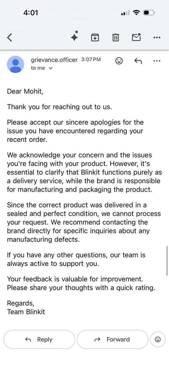 voldomomo's tweet photo. @RockWithboAt @RockWithboAt 
Adi, read the post Adi! They have denied already Adi!
Look at this email Adi!
@letsblinkit @blinkitcares https://t.co/GZBWRKUoW1