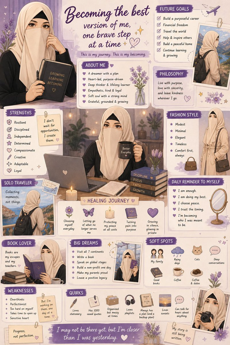 Becoming the best version of me, one brave step at a time. Gather everything you know about me from our conversations and create an infographic. Do it in a cartoon anime style, my photo as reference. Reflect my strengths, future goals, fashion style, healing journey, my big dream
