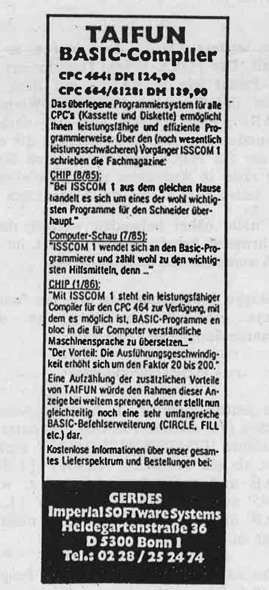 Retrojournal_de's tweet image. TAIFUN BASIC-Compiler – der Name allein schon ein Statement🌪️💾

„20 bis 200× schneller“ und gleich noch BASIC-Erweiterungen oben drauf… da wurde nicht gekleckert, sondern maximal geworben.

Imperial Software Systems wusste: Performance verkauft sich.😉
#CPC #Taifun #BASIC