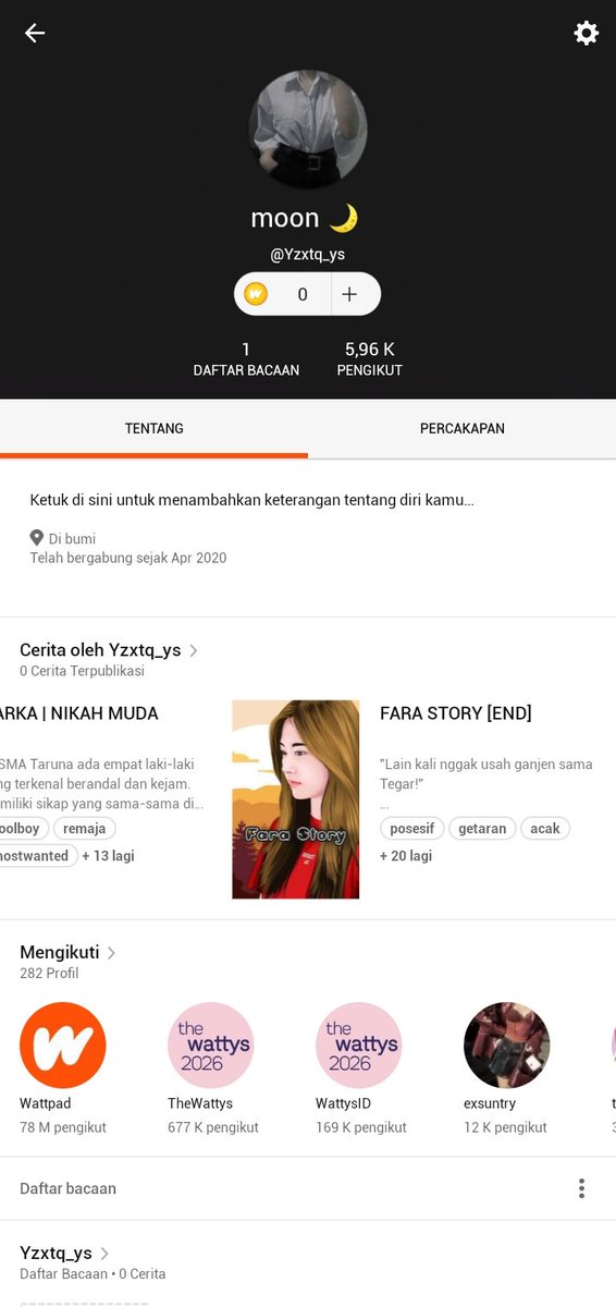 Luviazz_'s tweet photo. @holiday_bubble ada yg mau beli akun Wattpad gak ya? followers ori plus ceritanya yang view nya 2,84M, lagi BU nih🥹 https://t.co/K84kPHUjwe