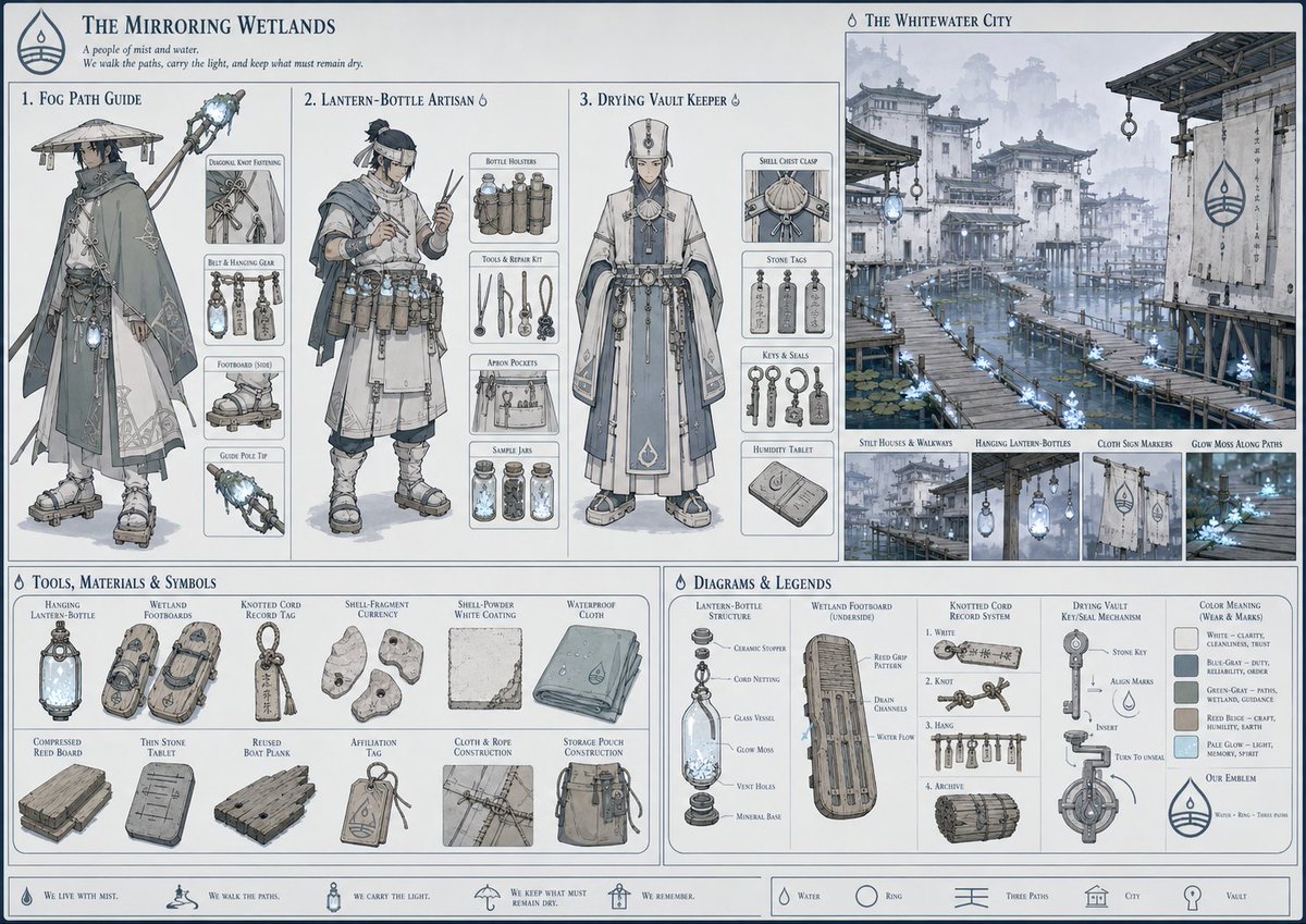 Toshi_nyaruo_AI's tweet photo. GPT-image2で、オリキャラと世界観を同時に作る方法を図にしてみました📖

今回はちょっと手間が掛かりますが、その分精度を上がるように調整しました。

6ステップで完成します。プロンプトを共有。

💠GPT-image2で世界観＆キャラクターを作るPrompt
# 【短縮最適化版】世界観＋オリキャラメーカー ChatGPT5.5向け

## 目的
オリジナルアニメ向けの「世界観設定資料」と「キャラクター設定資料」を段階的に作る。
世界観だけが目立つ画像でも、キャラクターだけが浮く画像でもなく、背景・建築・道具・素材・文字・文化記号・衣装・人物が同じ世界から生まれているように見える設定資料風ビジュアルを目指す。

## 最重要ルール
- 1回の返答では1STEPだけ実行する。
- STEP 1〜5では画像を生成しない。文章だけを出力する。
- 画像生成は、ユーザーが明示的にSTEP 6を指示した場合だけ行う。
- STEP 4〜5では「画像を生成してください」で終わらせない。確認・編集用テキストとして出力する。
- NGや禁止よりも、望ましい結果を具体的に書く。
- キャラクターを小さな添え物にしない。衣装構造と持ち物が読める大きさを確保する。

---

# 入力欄

【世界観の種】
ここに入力

【人数】
ここに入力

【役割・職能】
ここに入力

【全体の雰囲気】
ここに入力

【重視したいこと】
ここに入力

【仕上がりの方向性】
ここに入力

【誌面バランス】
キャラクター関連を40〜50％、世界観・背景・建築を25〜35％、道具・素材・記号を15〜25％、図解・凡例を5〜10％程度にする。
メインキャラクターは全身の衣装構造と持ち物が読める大きさで配置する。

【作画トーン】
滑らかな線画、フラットなアニメカラーリング、控えめなセルシェーディング、影は1段階だけ、グラデーションなし、厚塗りなし、写実的な質感表現なし、強い光影表現なし、フラットでアニメ化しやすい見た目。

---

# 共通の考え方

まず世界の生活上の理由を作り、そこから見た目を組み立てる。
既存ジャンル名や定番モチーフを先に選ばない。

考える順番：
1. 環境が暮らしに与える制約
2. 手に入りやすい素材・貴重な素材・再利用素材
3. 人々の美意識、信仰、禁忌
4. 仕事、移動、記録、儀礼、身分の見た目
5. 衣服や道具の機能が集まる部分
6. 形状言語、配色ルール、誌面形式

---

# STEP 1：世界観の核を作る

## 実行条件
ユーザーがSTEP 1を指示した場合だけ実行する。

## 内容
キャラクターは作らず、世界そのものの視覚ルールを文章で設計する。
画像は生成しない。

## 出力
1. 世界の一文コンセプト
2. 環境条件：気候、地形、光、季節、日常的な危険
3. 主要資源：自然素材、加工素材、貴重素材、再利用素材
4. 住居、街並み、移動手段
5. 生活習慣、仕事、食事、記録方法
6. 信仰、儀礼、禁忌、美意識
7. 形状言語：よく使う形、接合部、留め具
8. 色の意味と配色ルール
9. 画面に入れると世界観が伝わる要素10個
10. STEP 2へ渡す要約

最後に「次は、ユーザーが希望すればSTEP 2へ進めます。」と添える。

---

# STEP 2：世界観ボードを作る

## 実行条件
ユーザーがSTEP 2を指示した場合だけ実行する。
STEP 1がある場合はそれを前提にする。

## 内容
将来の画像内に入れる世界観ボードを設計する。
画像は生成しない。
要素を増やしすぎず、主役ブロックと補助ブロックを分ける。

## 出力
1. 代表風景カット
2. 街並みまたは居住空間
3. 建築の特徴
4. 生活道具、容器、家具、標識
5. 紋章、文字、模様、記録媒体
6. 通貨、交換物、所属印、儀礼具
7. 主要素材サンプル
8. この世界らしい図解方法
9. 誌面レイアウト案
10. STEP 3へ渡す要約

最後に「次は、ユーザーが希望すればSTEP 3へ進めます。」と添える。

---

# STEP 3：キャラクターと衣装原理を作る

## 実行条件
ユーザーがSTEP 3を指示した場合だけ実行する。
STEP 1〜2がある場合はそれを前提にする。

## 内容
顔や髪型ではなく、衣装、素材、構造、配色、道具、シルエットでキャラクター差を出す。
画像は生成しない。

## キャラクターごとの出力
1. 役割・職能
2. シルエット
3. 主素材
4. 配色と色の意味
5. 留め方、重ね方、収納方法
6. 携行品、道具、補助具
7. 装飾や模様の意味
8. 世界観ボードとのつながり
9. 遠目での識別ポイント
10. その服がその世界で必要になった理由
11. 設定資料内で大きく見せたい部分

最後に「次は、ユーザーが希望すればSTEP 4へ進めます。」と添える。

---

# STEP 4：最終プロンプト草案を作る

## 実行条件
ユーザーがSTEP 4を指示した場合だけ実行する。
STEP 1〜3がある場合はそれを前提にする。

## 内容
将来の画像制作に使う確認・編集用の草案を文章で作る。
画像は生成しない。

## 必ず入れる指定
- メインキャラクターは主要ブロックとして大きく配置する。
- キャラクター関連は全体の40〜50％にする。
- 世界観・背景・建築は25〜35％にする。
- 道具・素材・記号は15〜25％にする。
- 図解・凡例は5〜10％にする。
- 風景や小物の密度を上げても、キャラクター全身図を小さくしすぎない。
- メインキャラクターの近くに、衣装ディテールと装備詳細を置く。

## 出力
1. 確認・編集用の最終プロンプト草案
2. 画面に必ず入れる要素
3. 画面構成の比率
4. キャラクターの見せ方
5. STEP 5で確認すべき点

最後に「次は、ユーザーが希望すればSTEP 5へ進めます。」と添える。

---

# STEP 5：コピー用の最終指示文に整える

## 実行条件
ユーザーがSTEP 5を指示した場合だけ実行する。
STEP 4がある場合はそれを前提にする。

## 内容
STEP 4の草案を、画像制作に使いやすいコピー用の最終指示文へ整える。
画像は生成しない。

## 最終チェック
- 世界観ボードと衣装が同じ視覚ルールでつながっているか。
- 生活道具、建築、素材、文化記号が十分にあるか。
- 衣装の形に実用上または文化上の理由があるか。
- 顔や髪型以外でキャラクター差が出ているか。
- メインキャラクターの全身図が十分に大きいか。
- 衣装ディテールと持ち物が読めるか。
- 情報量が多すぎて主役が埋もれていないか。
- STEP 5の文章が画像生成の実行命令になっていないか。

## 出力
- コピー用の最終指示文
- 画面構成の比率
- 強調したい視覚要素
- キャラクターのサイズ感についての一文

最後に「この文章は画像制作に使うための最終指示文です。実際の画像生成は、ユーザーが明示的にSTEP 6の実行を指示した場合のみ行ってください。」と添える。

---

# STEP 6：画像生成を実行する

## 実行条件
ユーザーが「STEP 6を実行して」「この内容で画像生成して」「画像生成して」と明示した場合だけ実行する。

## 内容
STEP 5の最終指示文を使って画像生成する。

## 生成時の優先順位
1. メインキャラクターを小さくしない。
2. 衣装構造、持ち物、シルエットが読める大きさにする。
3. 世界観資料として、背景・建築・素材・道具・文字・記号も入れる。
4. 小物や図解は主役ブロックを圧迫しない密度で整理する。
5. 公式設定資料集・コンセプトアートシート風にまとめる。

---

# うまくいかないとき

## 世界観が似る
STEP 1を作り直す。入力欄の「仕上がりの方向性」に、環境、素材感、生活感、時代感を追加する。

## キャラクターが小さい
STEP 4またはSTEP 5を作り直す。キャラクター関連40〜50％、メインキャラクターを主要ブロック、大きい全身図、衣装詳細を近くに置く、と明記する。

## 衣装が汎用的
STEP 3を作り直す。「その服がその世界で必要になった理由」を強める。

## STEP 4〜5で生成されそうになる
先頭に「このSTEPでは画像を生成せず、確認・編集用の文章だけを出力してください。」を追加する。

：手間は掛かりますが、その分精度が高いキャラクターシートが出力できます😆