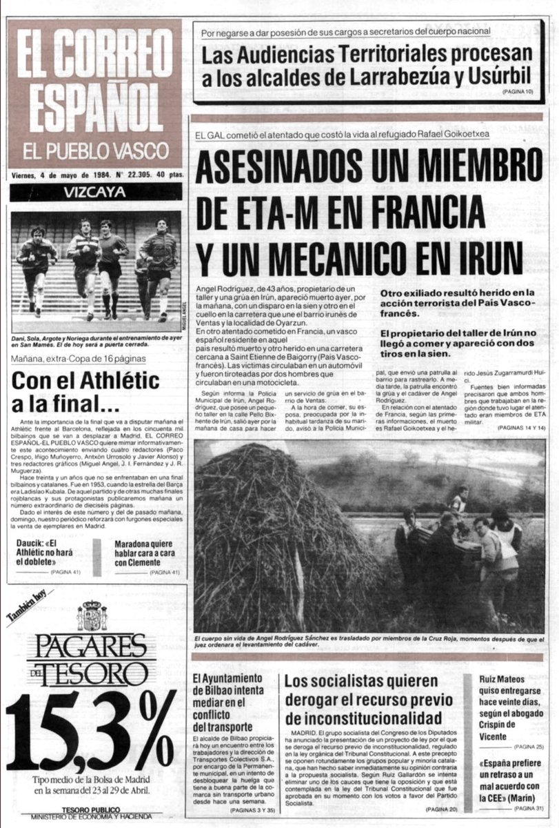 #TalDiaComoHoy de 1984 #ETA secuestró, torturó y asesinó en #Irun al MECÁNICO Ángel Rodríguez. Estuvo secuestrado durante unas horas y sometido a  "interrogatorio". Esta práctica de #tortura la utilizaban frecuentemente.

¿Os imagináis esas dos horas?

#ETAtorturabayMataba

🧵