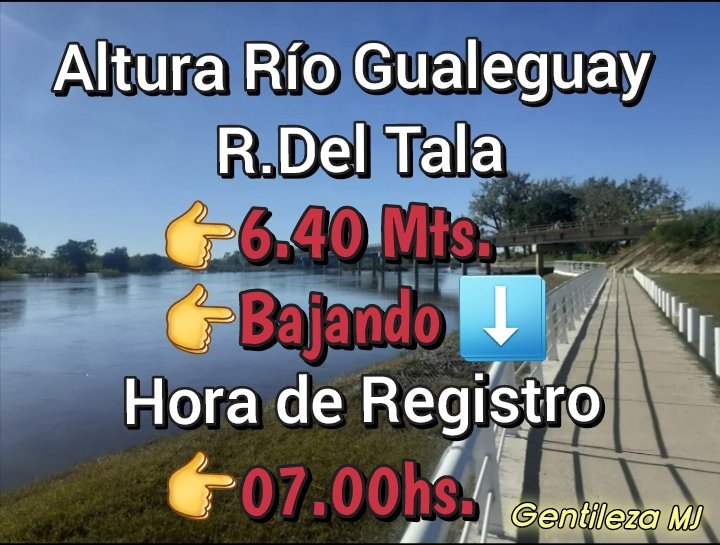 Masnoticias_com's tweet image. 🚨🔴#registro #altura #ríogualeguay #RosariodelTala último registro a las 07.00 hs 
Altura 6.40 Mts Estado Bajando gentileza mj