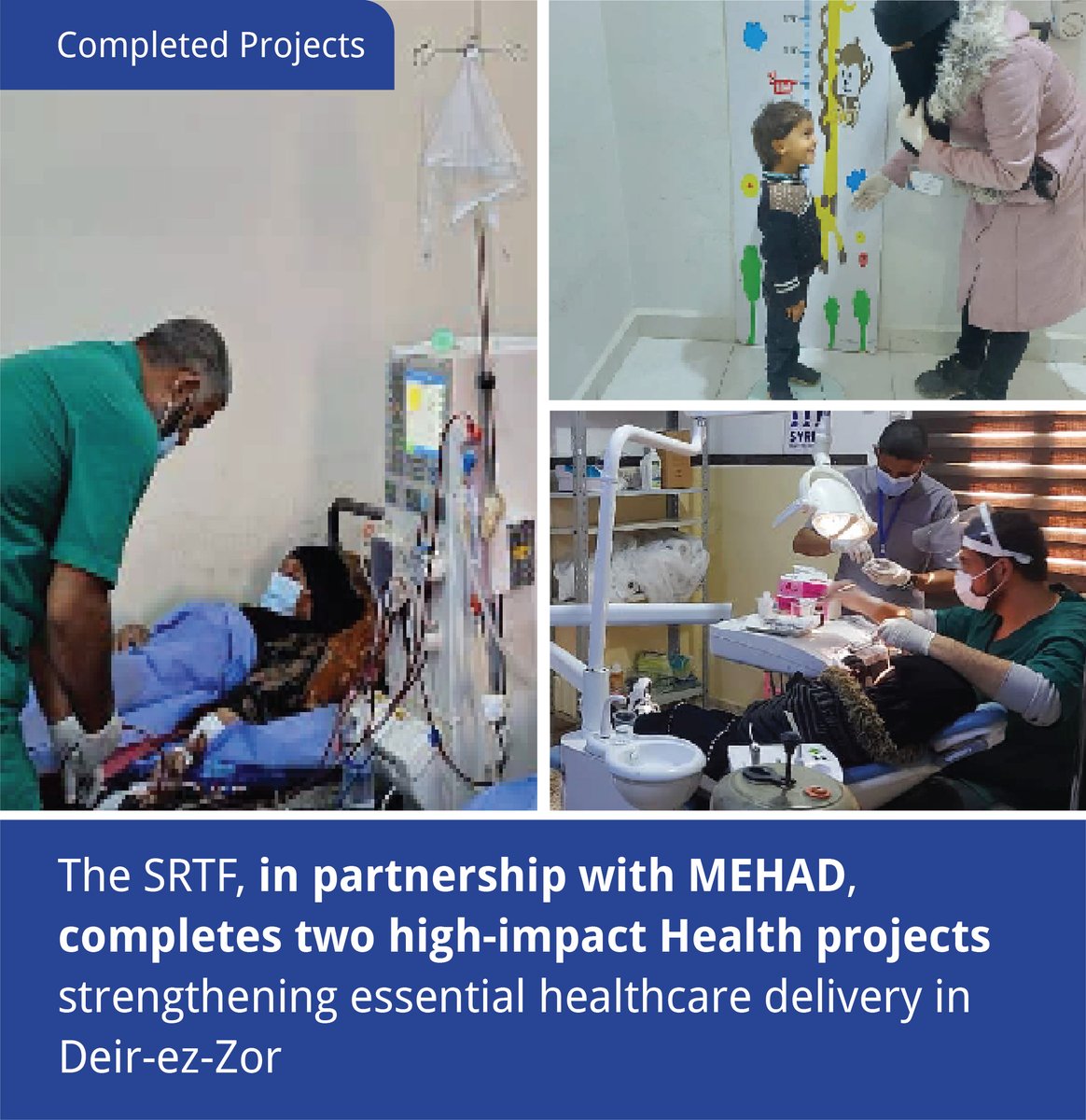 SRTFUND's tweet image. The SRTF has successfully completed two #health projects in #DeirezZor, that provided 6,892 #dialysis sessions delivered to 178 #patients, 148,000+ people received primary #healthcare services and they helped strengthen local health systems and community resilience.

Implemented