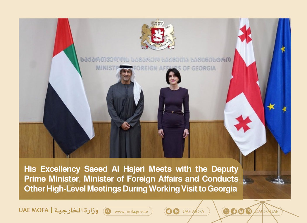 mofauae's tweet photo. His Excellency Saeed Al Hajeri Meets with the Deputy Prime Minister, Minister of Foreign Affairs and Conducts Other High-Level Meetings During Working Visit to Georgia

https://t.co/h4v74vOre1 https://t.co/j870dMIctK