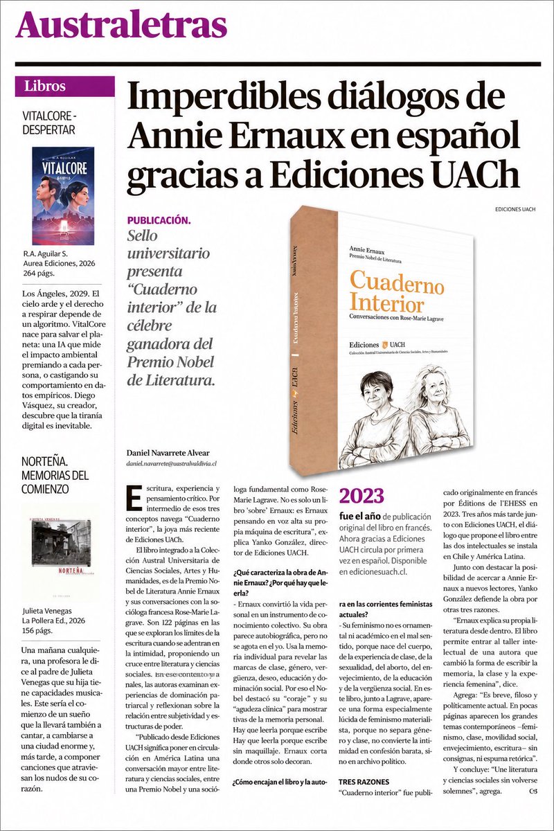 EdicionesUACh's tweet photo. Hoy domingo 3 de mayo en la sección Austral Letras, el desacado periodista Daniel Navarrete aborda nuestra nueva publicación: "Cuaderno interior" de Annie Ernaux -la segunda Premio Nobel que publicamos como Ediciones UACh- y que ya está disponible en todas las librerías del país. https://t.co/OvVXMsllD2