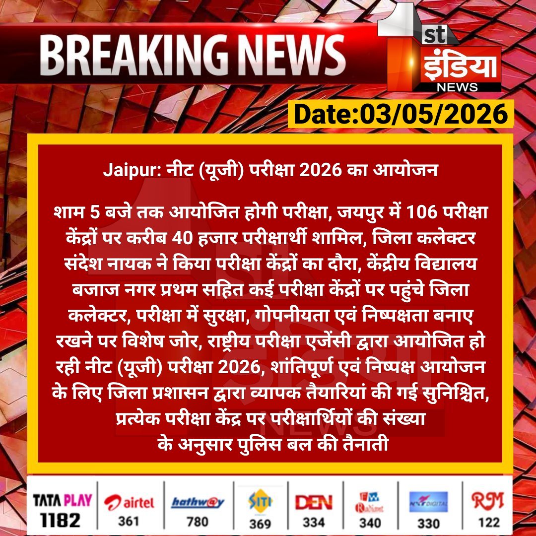 1stIndiaNews's tweet image. #Jaipur: नीट (यूजी) परीक्षा 2026 का आयोजन

शाम 5 बजे तक आयोजित होगी परीक्षा, जयपुर में 106 परीक्षा केंद्रों पर करीब 40 हजार परीक्षार्थी शामिल, जिला कलेक्टर संदेश.... 

#RajasthanWithFirstIndia #NEETUG @DineshKasana15