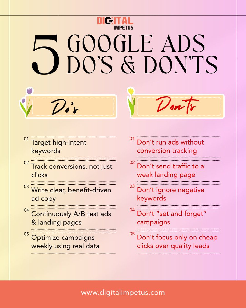 digitalimpetus's tweet image. Here’s a clean, scroll-stopping social media post copy for your to
🚀 **5 Google Ads Do’s &amp;amp; Don’ts You Can’t Ignore**

Running ads but not seeing results? You might be making these common mistakes

#GoogleAds #DigitalMarketing #PerformanceMarketing #PPC #MarketingTips
