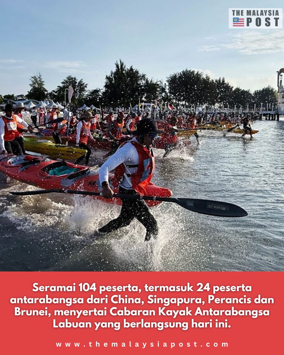 PostMalaysia's tweet image. Labuan terus mengukuhkan kedudukannya sebagai destinasi sukan laut antarabangsa apabila lebih 100 peserta dari China, Singapore, France dan Brunei menyertai Cabaran Kayak Antarabangsa Labuan.

#Labuan #LISC2026 #Kayak #Malaysia #PelanconganSukan #SukanLaut #AcaraAntarabangsa