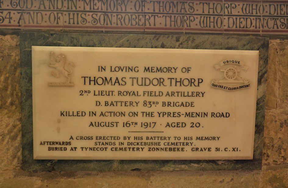 TyneSnapper's tweet image. #Alnwick The memorial plaque to 2nd Lieutenant Thomas Tudor Thorp in St Michael's Church, Alnwick, Northumberland, photographed 3rd May 2017.  Killed at Ypres, Belgium 16th August 1917 aged 20. Buried at Tyne Cot Cemetery Belgium. Piece from UK De Ruvigny's Roll of Honour.
