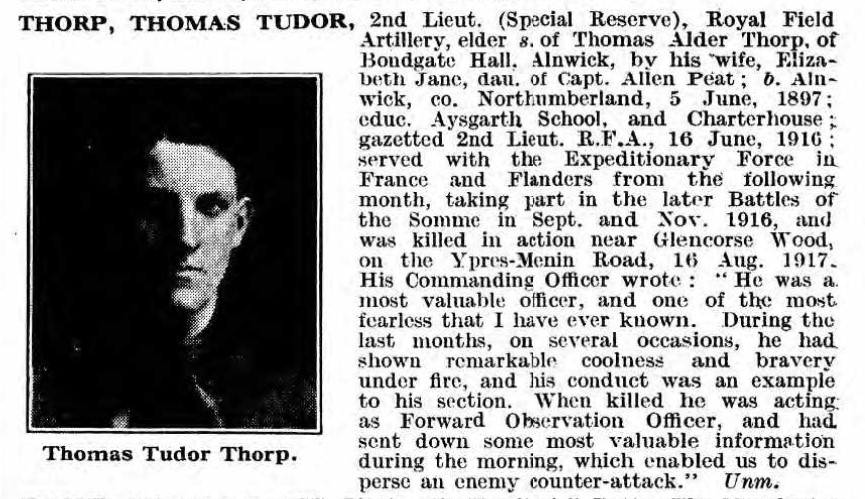 TyneSnapper's tweet image. #Alnwick The memorial plaque to 2nd Lieutenant Thomas Tudor Thorp in St Michael's Church, Alnwick, Northumberland, photographed 3rd May 2017.  Killed at Ypres, Belgium 16th August 1917 aged 20. Buried at Tyne Cot Cemetery Belgium. Piece from UK De Ruvigny's Roll of Honour.