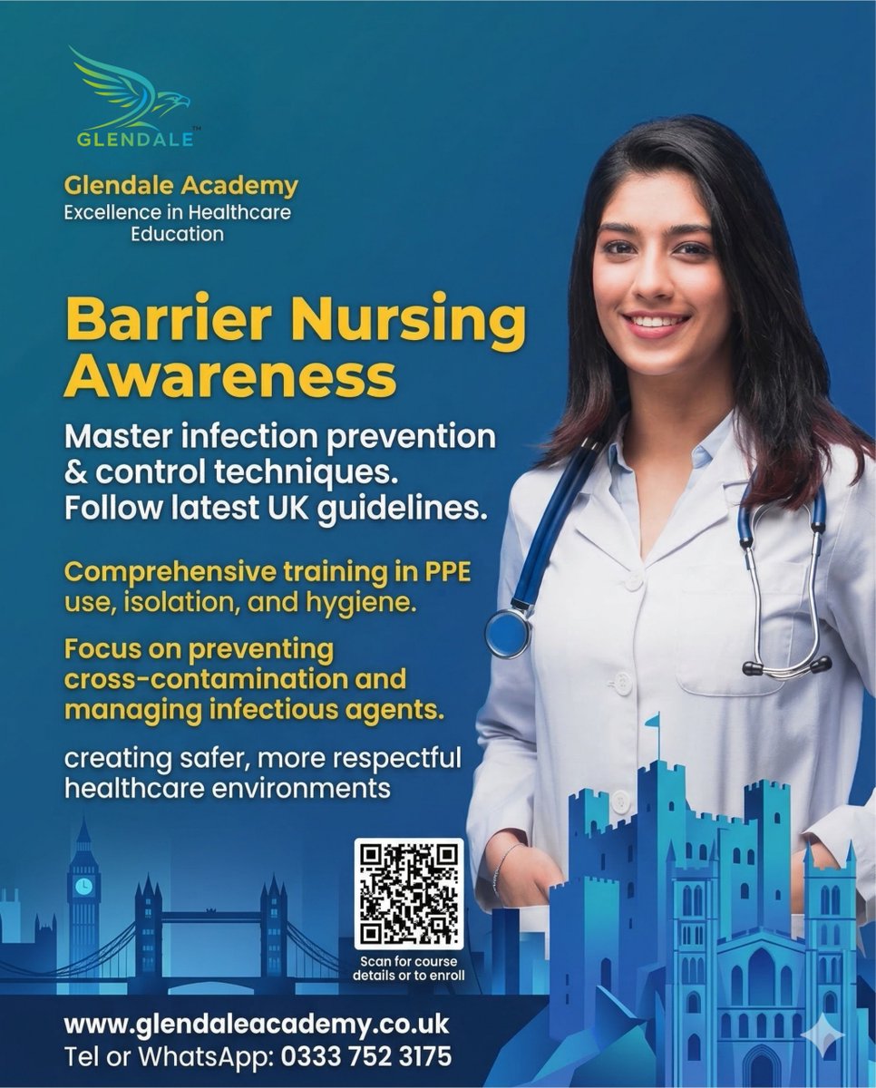 glendalelms's tweet image. Barrier Nursing Awareness Course for healthcare professionals.

🦠 Barrier Nursing Awareness Course
Covers PPE, isolation &amp;amp; cross-contamination in line with UK best practice.

Flexible, CPD-aligned training for safer care.

#InfectionControl #PatientSafety #Healthcare #CPD