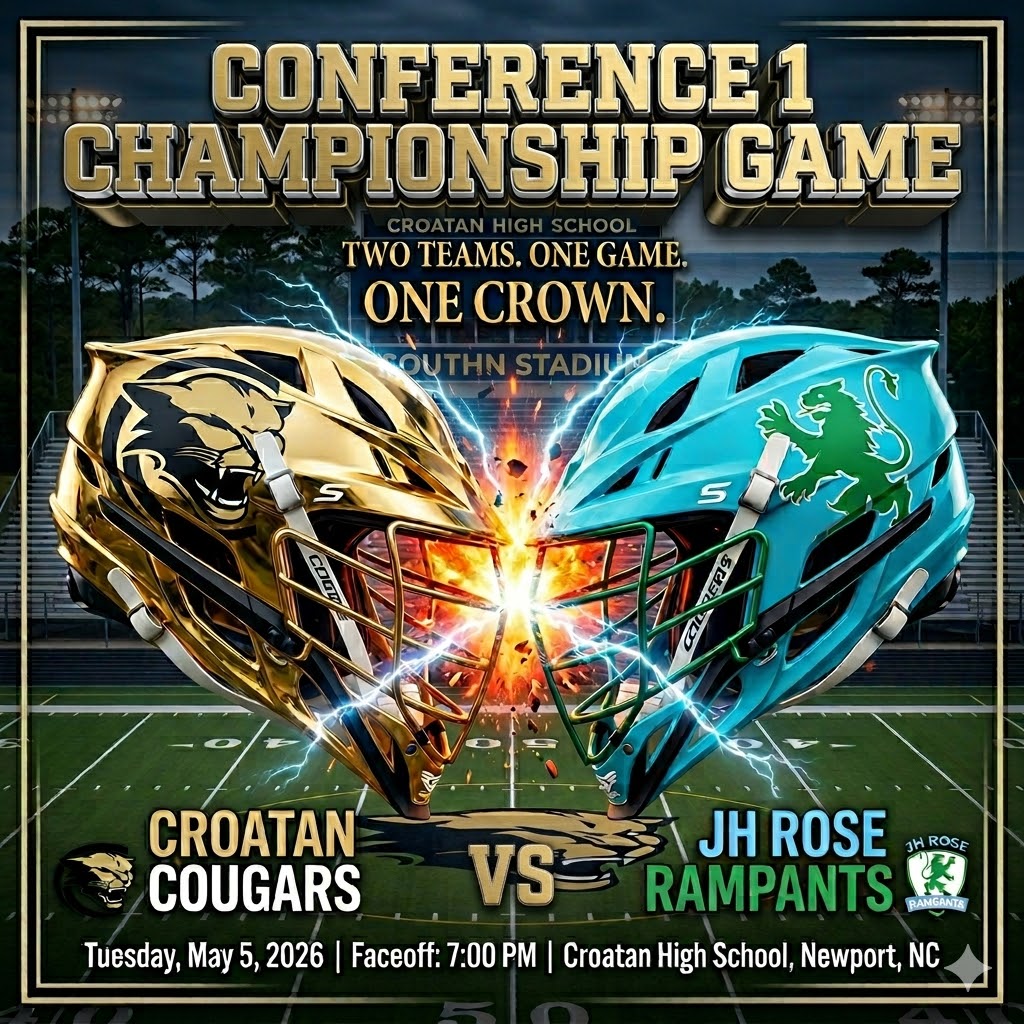 CroatanAthletic's tweet image. 🚨 SENIOR NIGHT: CONFERENCE CHAMPIONSHIP! 🚨 
It all comes down to this! Tuesday, May 5, at 7:00 PM, your Croatan Cougars take on the JH Rose Rampants for the regular-season finale! 

✅ Conference Championship🥇👑
✅ Senior Night 🐾🎓

#ELE #CroatanMensLax #SeniorNight