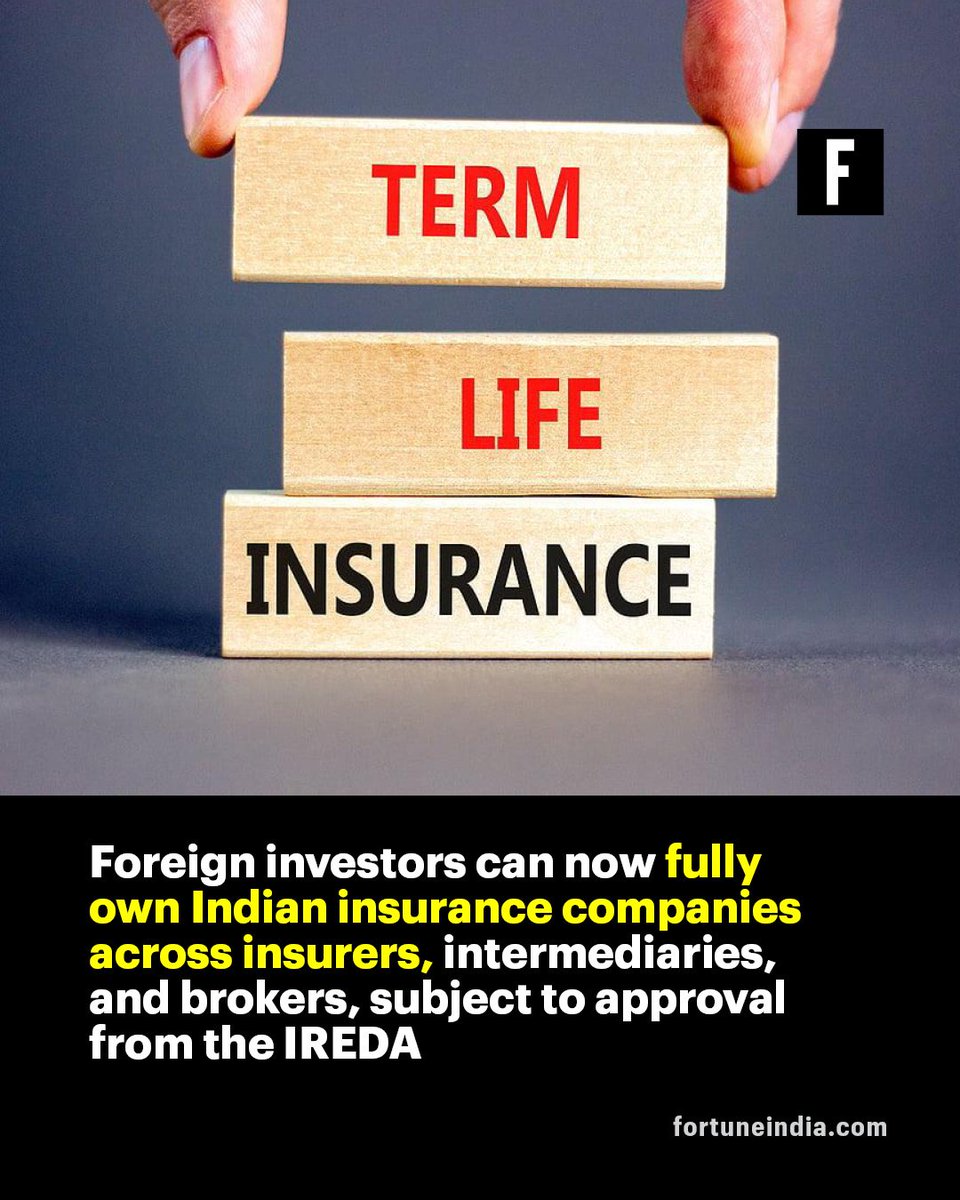 FortuneIndia's tweet image. [Part 1/2]

Parliament had passed the Sabka Bima Sabki Raksha (amendment of insurance laws) Bill, 2025 in December last year, for hiking the FDI in the insurance sector to 100 per cent under the automatic route

(@AK_FortuneIndia reports)

#FDI #InsuranceSector #Investment #LIC