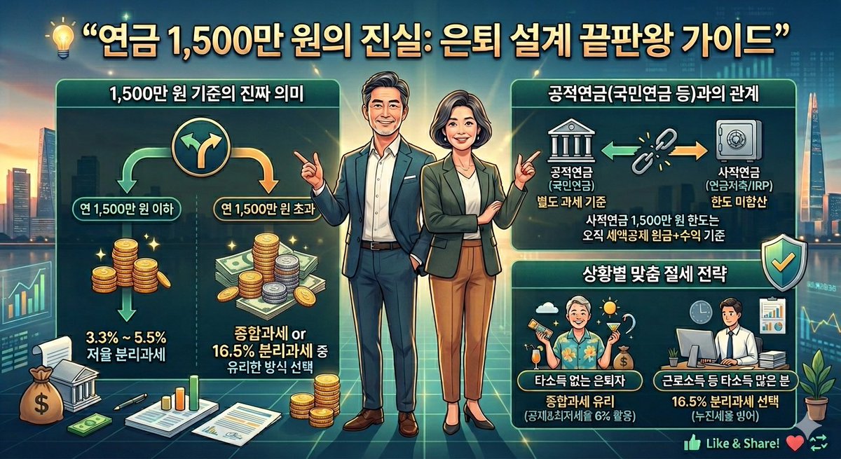 free_salaryKR's tweet photo. 연금저축 & IRP '1,500만 원'의 진실: 은퇴 설계 끝판왕 가이드

​많은 분들이 잘못 알고 계시는 연금 1,500만 원의 함정, 오늘 완벽하게 해부해 드립니다.

​"1,500만 원 넘으면 세금 폭탄 맞는다"는 걱정, 이제 그만하셔도 좋습니다!

​1️⃣ 1,500만 원 기준의 진짜 의미

​연간 1,500만 원 이하: 3.3% ~ 5.5%의 저율 연금소득세로 원천징수되며 과세가 종결됩니다.

​연간 1,500만 원 초과: 무조건 세금 폭탄을 맞는 것이 아닙니다. 2023년 세법 개정으로 종합과세와 16.5% 분리과세 중 나에게 더 유리한 방식을 선택할 수 있습니다.

​2️⃣ 공적연금(국민연금 등)과의 관계

​완벽한 독립 과세: 국민연금 등 공적연금과 사적연금(연금저축펀드, IRP)의 한도는 절대 합산되지 않습니다.

​사적연금을 1,500만 원 넘게 수령하더라도, 국민연금 수령액은 별개로 처리됩니다. (부부 합산이 아닌 개인별 기준입니다.)

​3️⃣ 상황별 맞춤 절세 전략

​다른 소득이 없는 은퇴자의 경우
​종합과세 선택: 연금소득공제 혜택과 6%의 최저 기본세율 구간을 적용받을 수 있어 실효세율이 매우 낮아집니다.

​근로소득 등 다른 소득이 많은 경우
​16.5% 분리과세 선택: 이미 높은 종합소득세율 구간에 있다면, 16.5% 분리과세를 적용받아 세금 증가를 방어하는 것이 훨씬 유리합니다.

​📌 요약 및 팁
​은퇴 후 수령액을 설계할 때는 본인의 다른 소득 유무와 수령 기간을 꼼꼼히 시뮬레이션해야 합니다.

​정보가 도움 되셨다면 [좋아요 ❤️ + 리트윗 🔁] 부탁드립니다! 더 나은 은퇴 라이프를 위한 유용한 정보로 계속 찾아오겠습니다.
​#연금저축 #IRP #국민연금 #은퇴준비 #절세 #재테크 #경제적자유