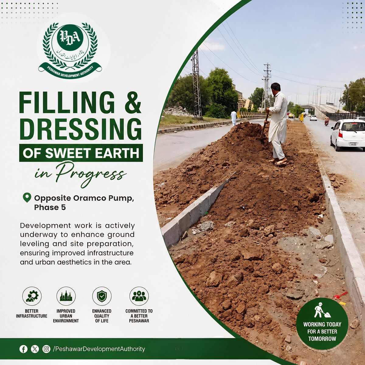pdakpk's tweet image. Filling &amp;amp; Dressing of Sweet Earth is in progress opposite Oramco Pump, Phase 5. Work is underway to improve ground leveling, strengthen infrastructure, and enhance the overall urban environment for residents.
#PDA #Peshawar #UrbanDevelopment #Infrastructure #Hayatabad