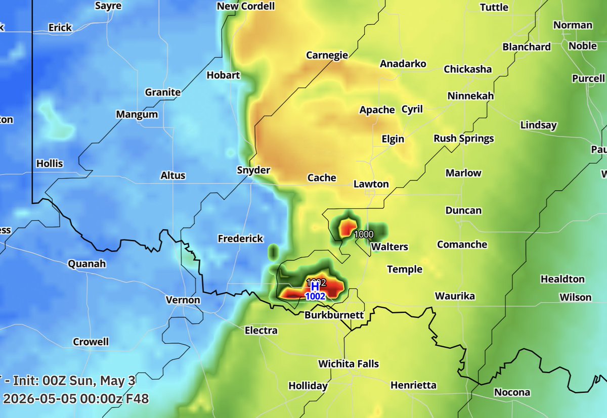 MatthewCappucci's tweet photo. Several CAMS now convect the dryline in southwest Oklahoma on Monday.

IF we can break the cap, which appears increasingly plausible, we may see an attendant risk for damaging gusts, hail up to tennis ball size and perhaps a tornado or two.

We'll refine this forecast Sunday. https://t.co/rCYL926UFG