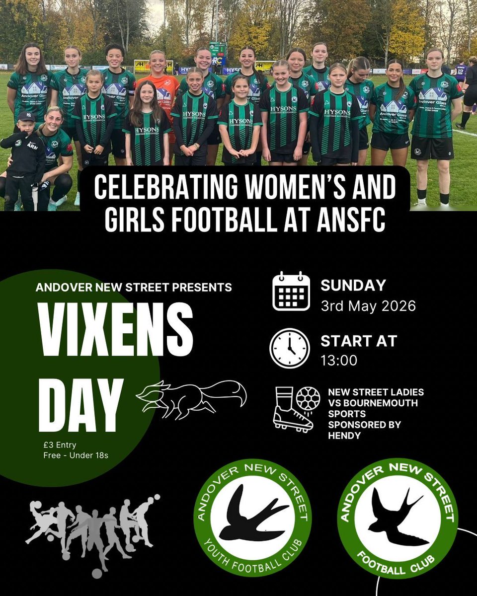 SimonPeterGreen's tweet photo. .
Today, @AndoverNSfc @NewStreetLadies celebrate 30 years of women’s football at Foxcotte Park

Full club celebration 1pm then the huge Ladies Southern League Div 1 vs Bournemouth, KO 2pm

I’ll be on the decks dropping bangers come enjoy a Babycham or a pint 💚🖤 @LAHADdeejays https://t.co/zsMdTMaca0