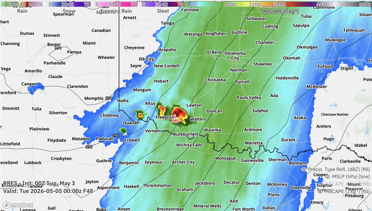MatthewCappucci's tweet photo. Several CAMS now convect the dryline in southwest Oklahoma on Monday.

IF we can break the cap, which appears increasingly plausible, we may see an attendant risk for damaging gusts, hail up to tennis ball size and perhaps a tornado or two.

We'll refine this forecast Sunday. https://t.co/rCYL926UFG