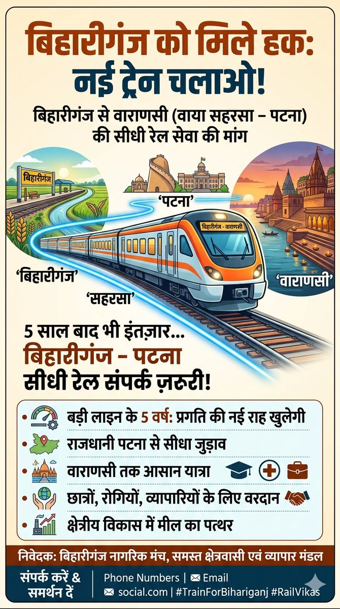 MDSHAH8635's tweet photo. @ECRlyHJP @spjdivn का आखरी रेलवे स्टेशन बिहारीगंज जहां से राजधानी पटना तक के लिए कोई ट्रेन नहीं है। @RailMinIndia से अनुरोध है कि बिहारीगंज से वाराणसी वाया सहरसा खगड़िया बेगूसराय पटना होकर नई ट्रेन चलाई जाए। https://t.co/Jn3fedJq6G