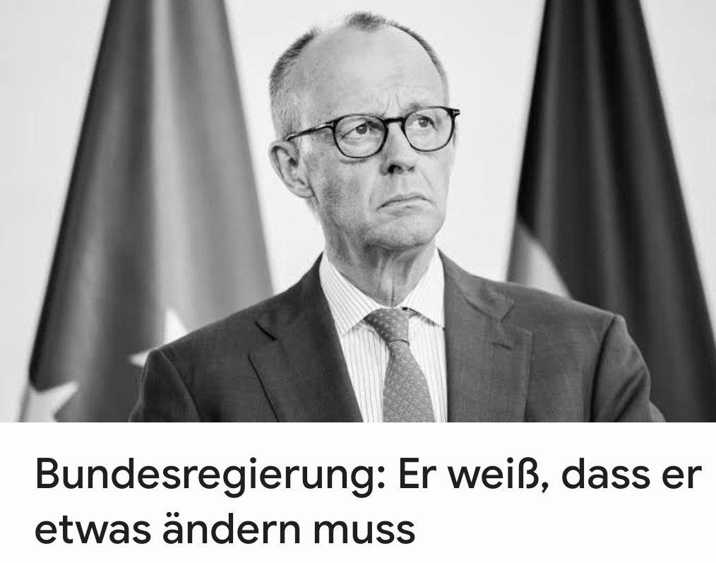 Errungenschaften von 362 Tagen Merz:

✅️Eine BILLION neue Schulden
✅️Kriegstüchtig bis 70
✅️2,80€ Diesel, davon 60% Steuer
✅️Familienversicherung weg
✅️MwSt., ESt., Tabaksteuer erhöhen
✅️Zuckerabgabe
✅️>270.000 Neuankömmlinge

"Er weiß, dass er etwas ändern muss."