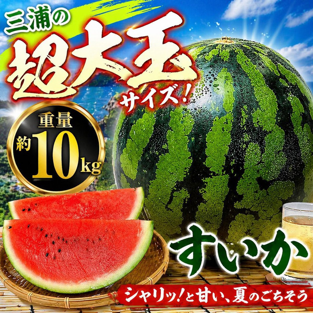 DOSKA_ECmall's tweet photo. 🍉✨【予約商品】三浦名産すいか✨🍉

📦7月15日ごろ発送予定！

三浦名産の
🍉超大玉すいか
🍉大玉すいか2玉セット
予約受付開始しました！！！🎉🎉

⚠️状況により早めに予約受付を終了する場合がありますので、
お早めにご予約ください💨

■① 超大玉すいか（5Lサイズ・約10kg）
👉 約10kg😳🍉
https://t.co/lnn4a6Xa7c

■② 大玉すいか2玉セット（3〜4Lサイズ）
1玉8〜9kg × 2玉
👉 計16〜18kg‼️🍉🍉
https://t.co/LUTlqNJaJg

🚚【お届けについて】
・2026年7月15日ごろ発送予定📅
・天候、育成状況により前後する可能性があります☀️🌧️
・収穫次第、順次発送いたします📦

⚠️【ご注意】
・予約商品のためキャンセルはお受けできません🙇‍♂️
・お届け日の指定は対応しておりません📌

🌱三浦の自然の中で育った大玉すいか🍉✨
ぜひご賞味ください😊🍉
