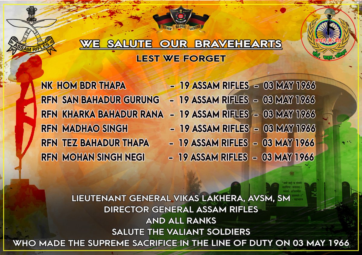official_dgar's tweet image. Lt Gen Vikas Lakhera, AVSM, SM, Director General of #AssamRifles &amp;amp; all ranks, salute the valiant soldier who made the supreme sacrifice in the line of duty on 02 May 1994.

#SaluteToMartyrs #HonourTheFallen #RememberingOurHeroes #MartyrsOfIndia #ForeverInOurHearts
