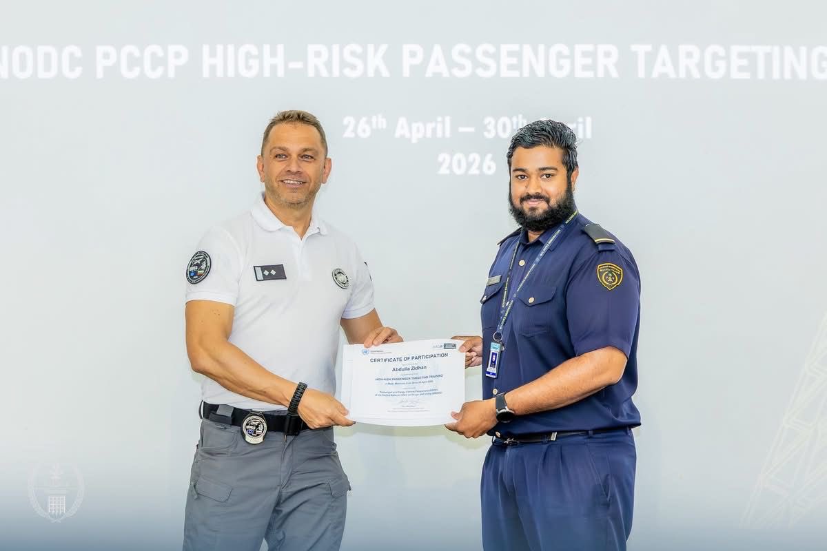 ImmigrationMV's tweet image. 4 Immigration officers participated in the Passenger and Cargo Control Programme (PCCP) for South Asia conducted by the United Nations Office on Drugs and Crime (UNODC) from 26th April to 30th April 2026.

The training focused on strengthening the identification and interception