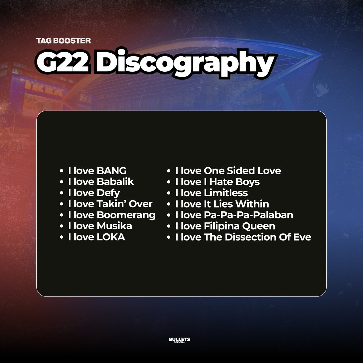bulletsofc's tweet photo. [TAG BOOSTER]

G22 Discography

ALPHAS BIDA SA ARENA
#BidaSaArena
#G22MOATakeover https://t.co/TkwuUXpbp8