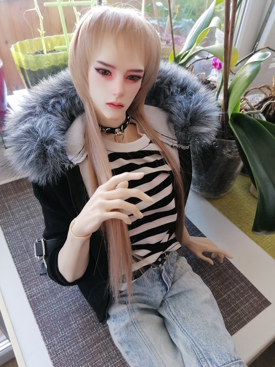 Nastazy's tweet image. Morning, Kars is watching the room, sitting on the windowsill among the flowers
#bjd
#doll 
#dolls