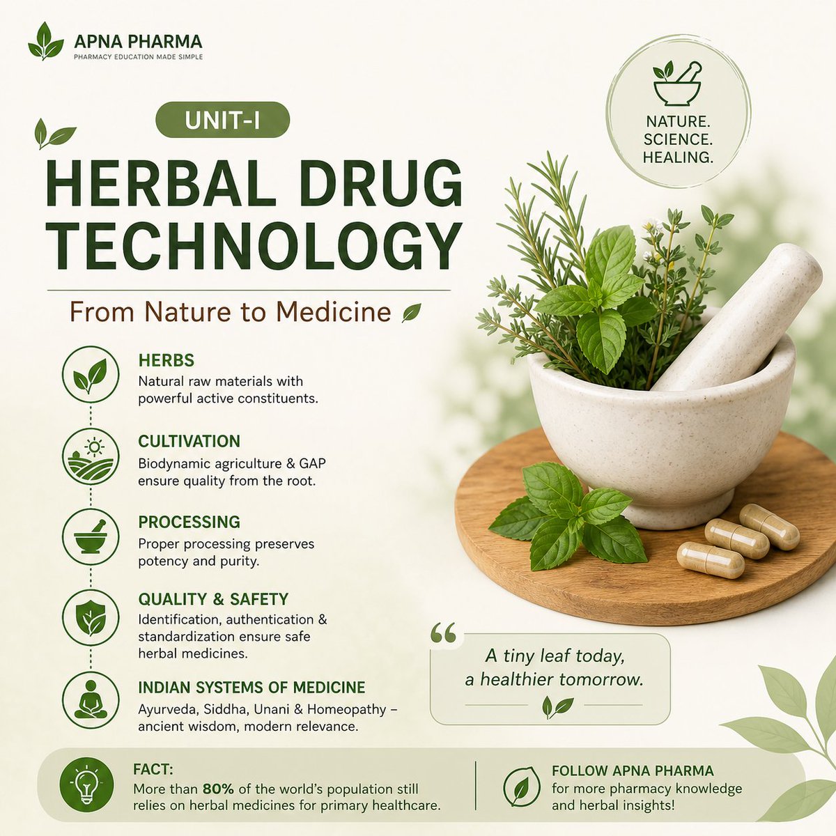 ApnaPharma9's tweet image. Over 80% of the world still depends on plant-based medicine for primary healthcare
Because the future of medicine isn’t only synthetic.

It’s also botanical.

Follow Apna Pharma for simplified pharmacy concepts and herbal science insights.
 #Ayurveda #MedicinalPlants #HerbalMed