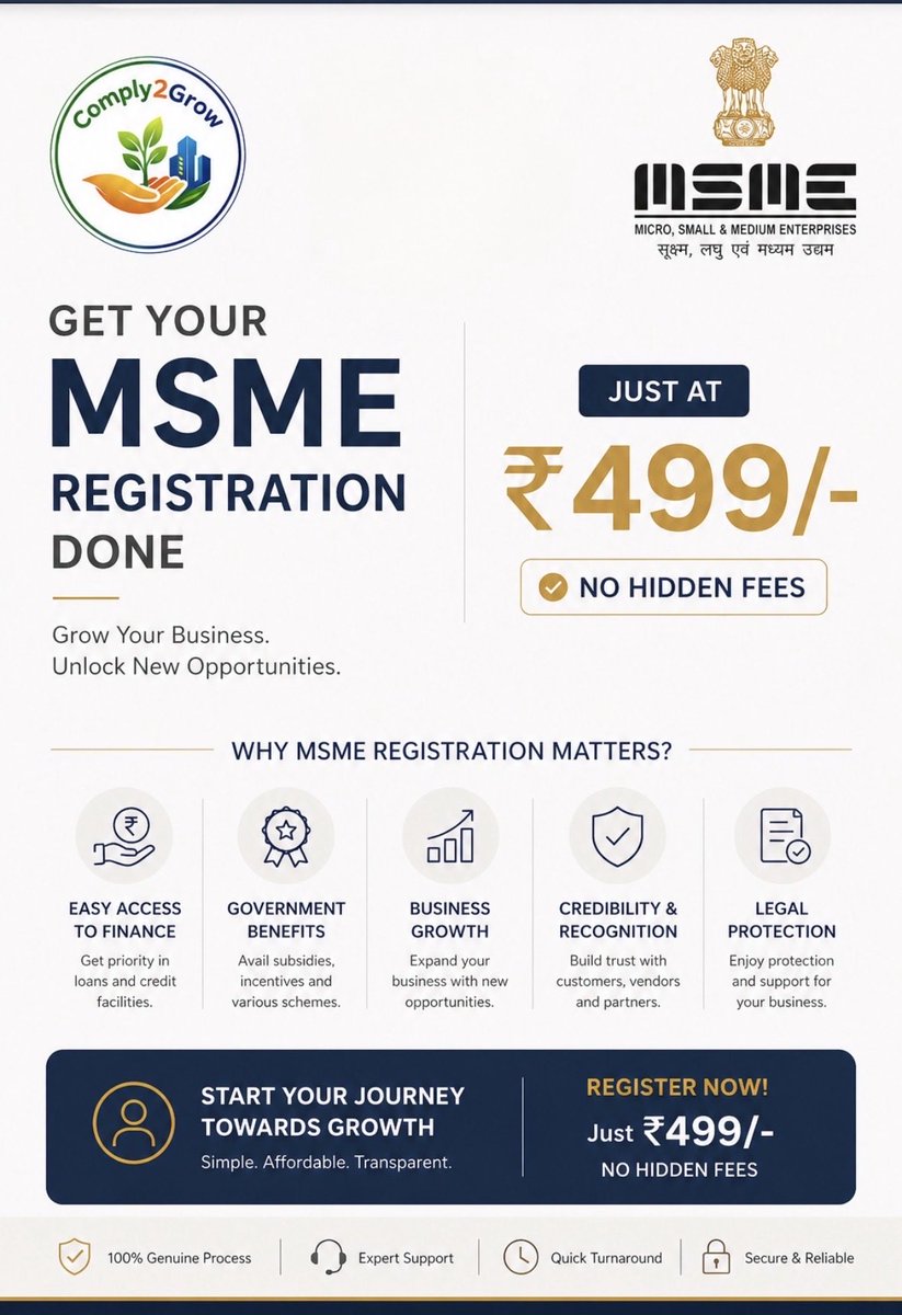 comply2groww's tweet image. Register your business under MSME and unlock benefits like subsidies, easy loans, and government support.
With Comply2Grow, the process is quick, simple, and hassle-free.
📩 Get started today.

#MSMEIndia #UdyamRegistration #BusinessGrowth #StartupIndia #Comply2Grow