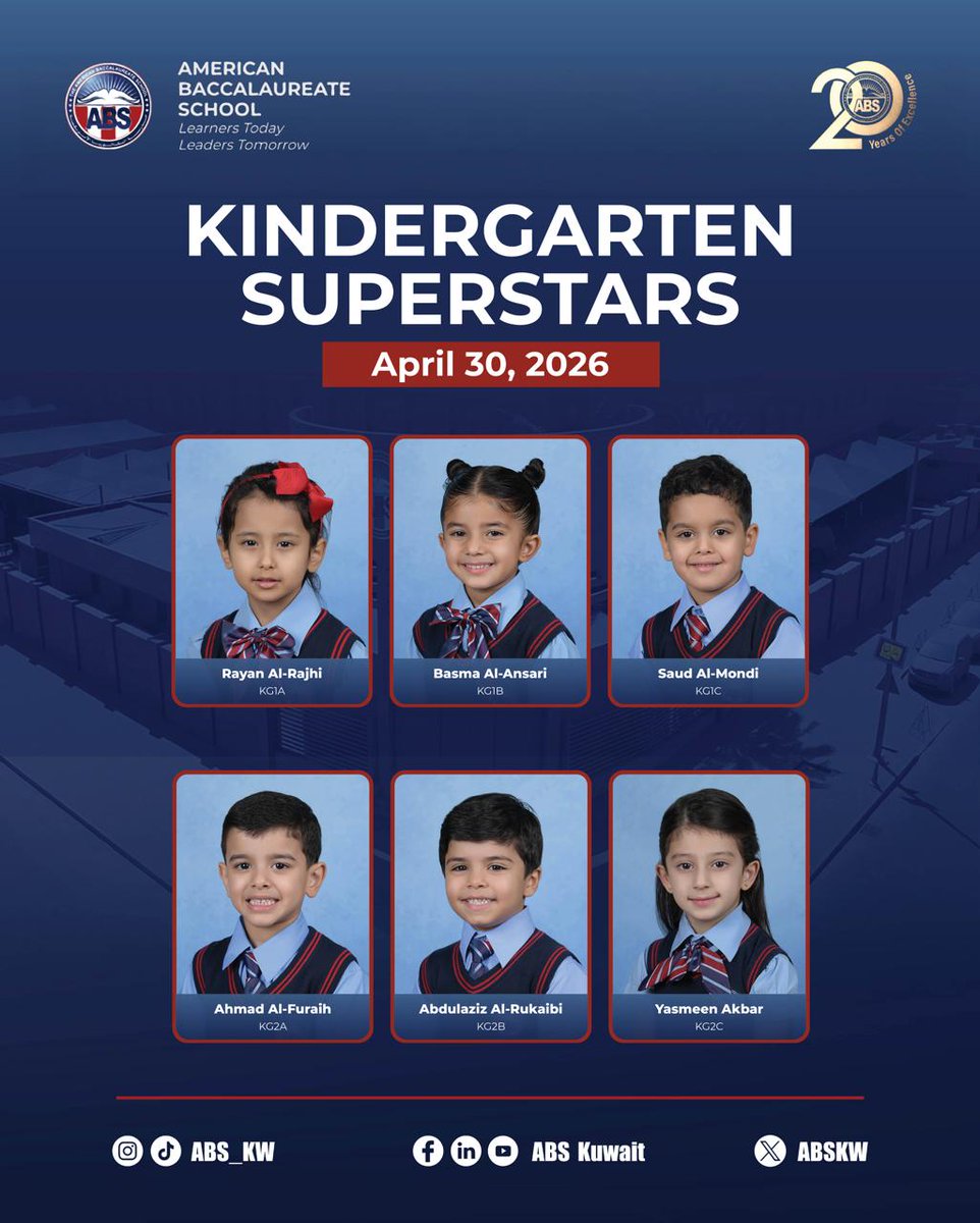 ABSKW's tweet image. Congratulations to our Kindergarten Superstars for April 2026! Your hard work, enthusiasm, and dedication shine brightly. We are proud to celebrate your achievements and look forward to more success ahead.
#ABS #Kuwait #studentsuccess