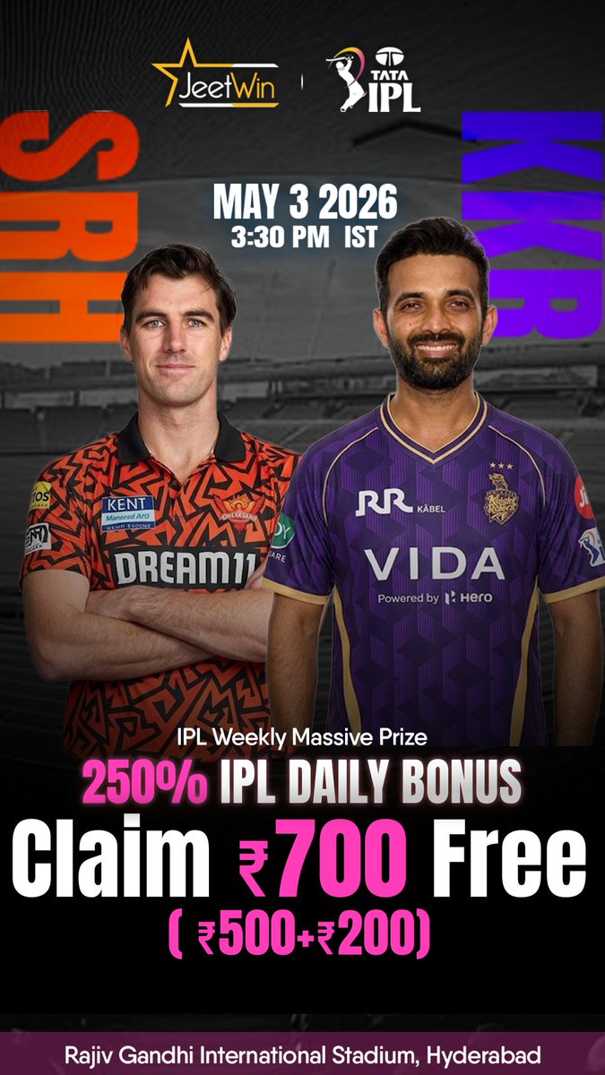 Jeetwinoff41255's tweet image. 🔥 SRH vs KKR – Clash of Titans! 

📌 Who will dominate today – SRH’s power hitters or KKR’s spin attack?
Drop your predictions below and cheer for your team! 💬🙌

Join Now: bit.ly/JW188twitter

#SRHvsKKR #IPL2026 #CricketFever #SunrisersHyderabad #KolkataKnightRiders
