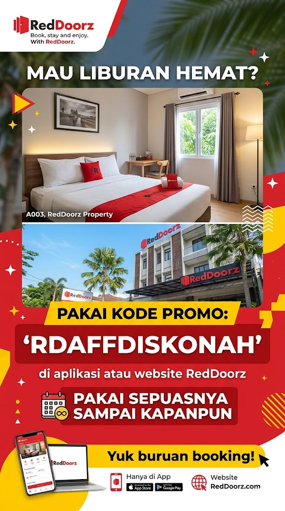 AdzhaCo's tweet image. Staycation makin hemat pakai kode promo RDAFFDISKONAH di aplikasi RedDoorz! 🏨✨
Nikmati tambahan diskon yang bisa kamu pakai berkali-kali sampai puas. Cus, booking hotel buat liburan nanti! 💸
#RedDoorz #Jakarta #Bandung #Surabaya #Jogja #Bali #Medan #Semarang